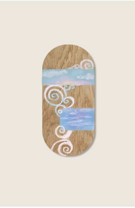 Esquisse de vagues et spirales sur panneau de bois recyclé arrondi