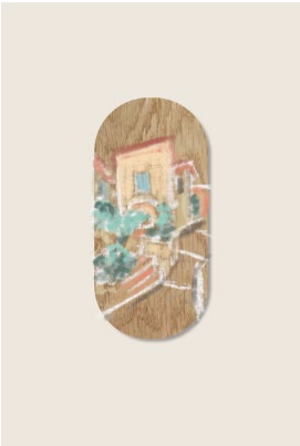 Esquisse d'architecture méditerranéenne sur panneau de bois recyclé
